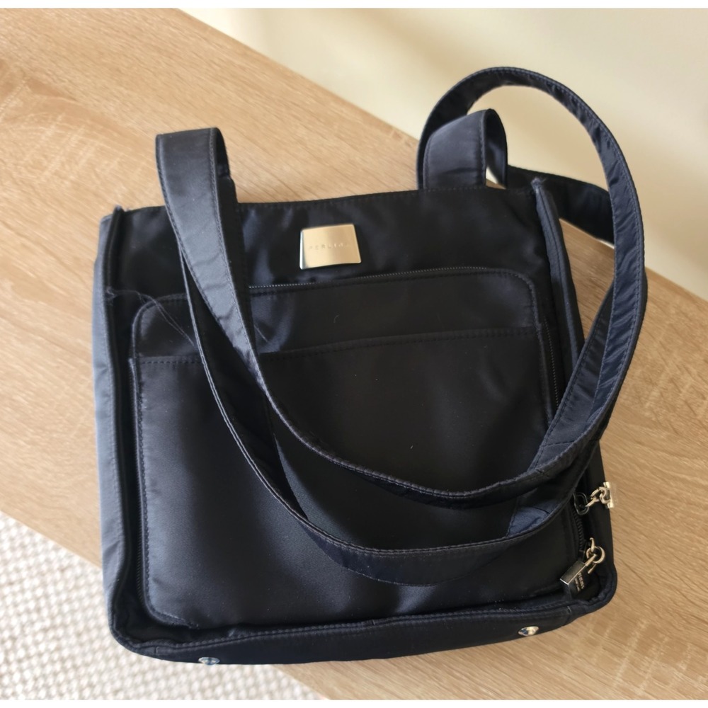 Perlina New York Black Nylon Shoulder Bag – Multi‑Pocket Padlock Style